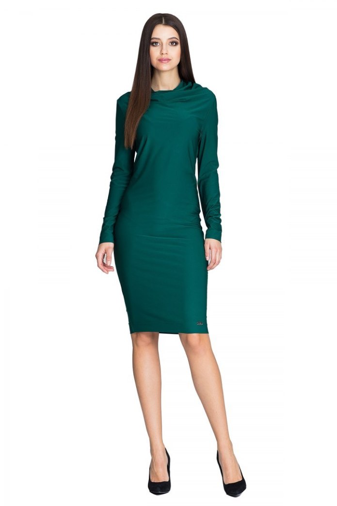 Sukienka Midi - Z Długim Rękawem Dopasowana - zielona